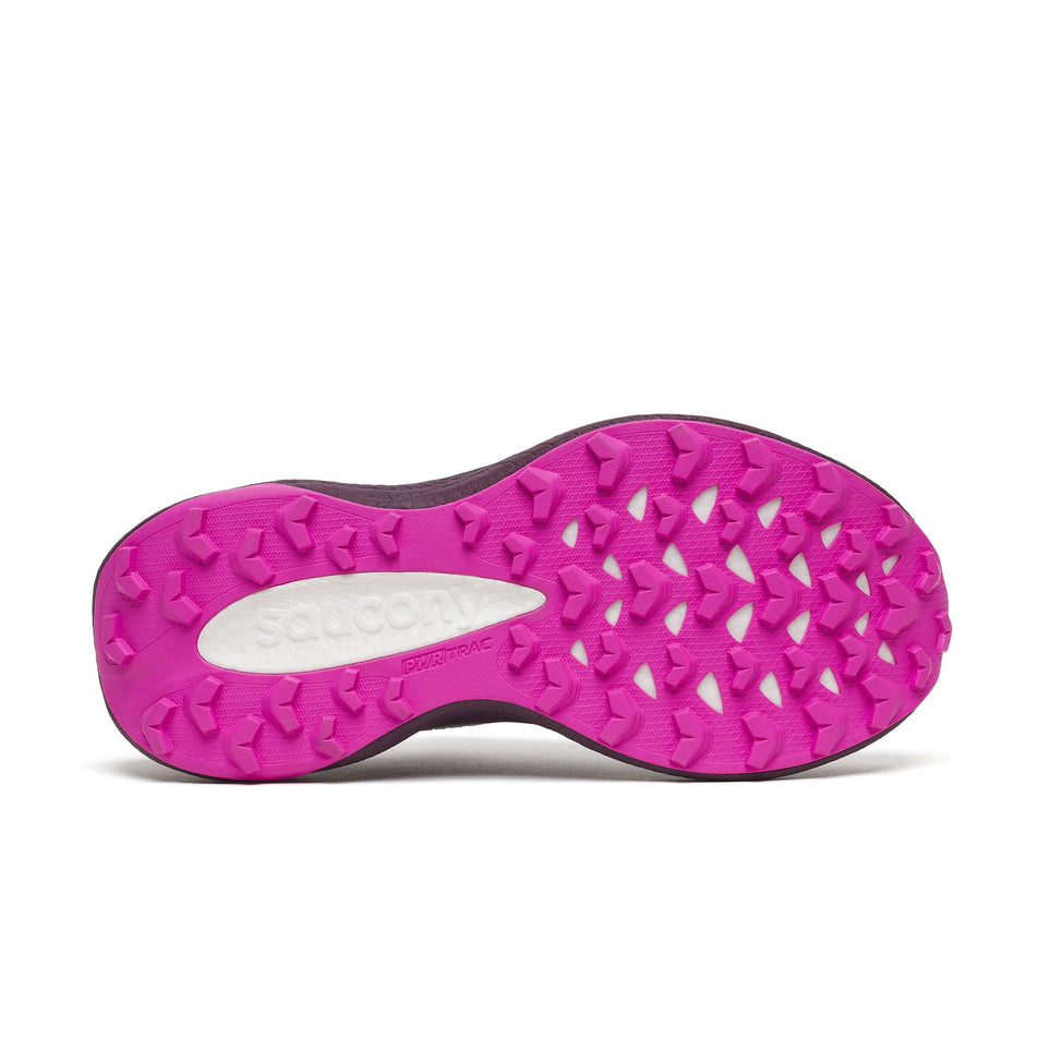 The outsole of the right shoe from a pair of Saucony Women's Ride TR3 Running Shoes in the Eggplant/Black colourway.