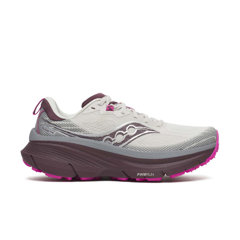 Lateral view of the right shoe from a pair of Saucony Women's Guide TR Running Shoes in the Quartz/Demure colourway.