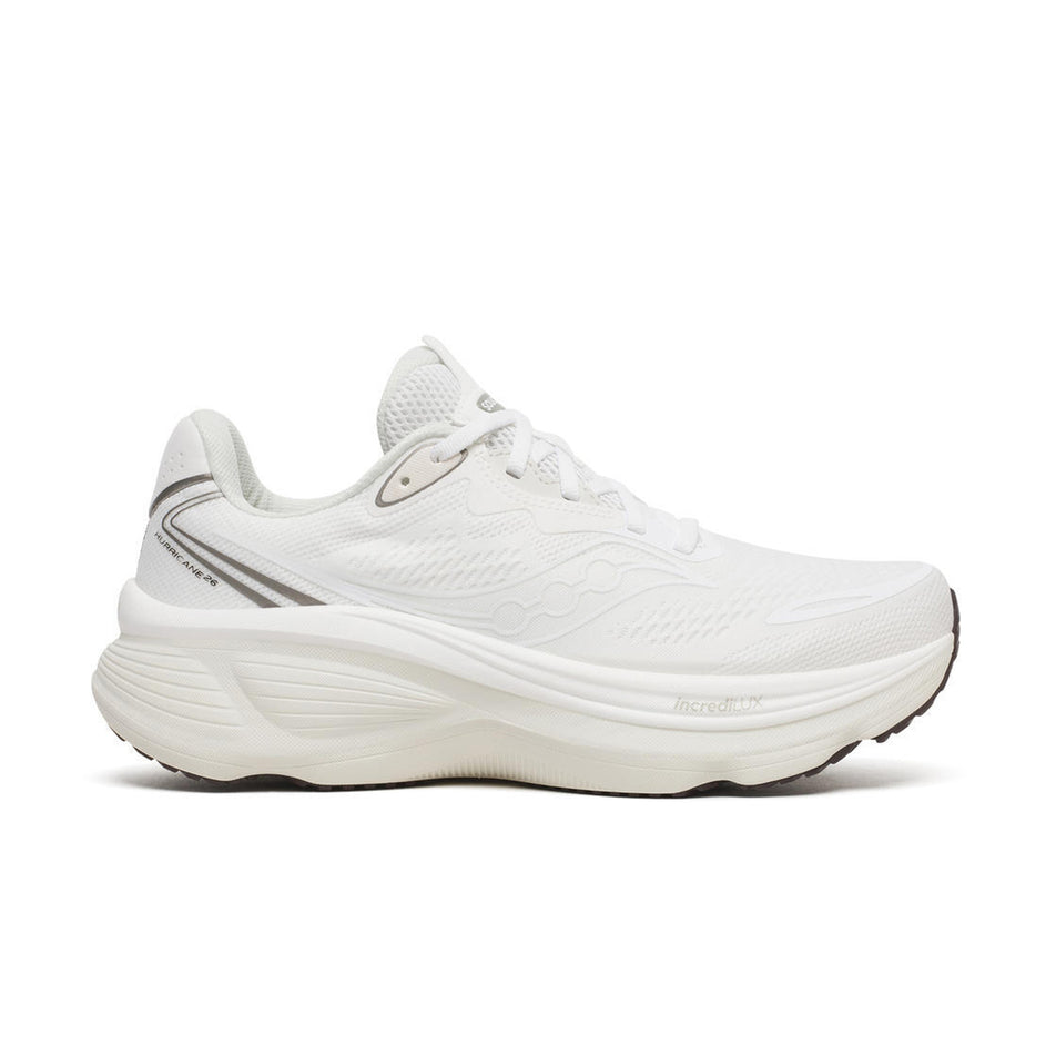 Lateral view of the right shoe from a pair of Saucony Men's Hurricane 26 Running Shoes in the White/Quartz colourway.