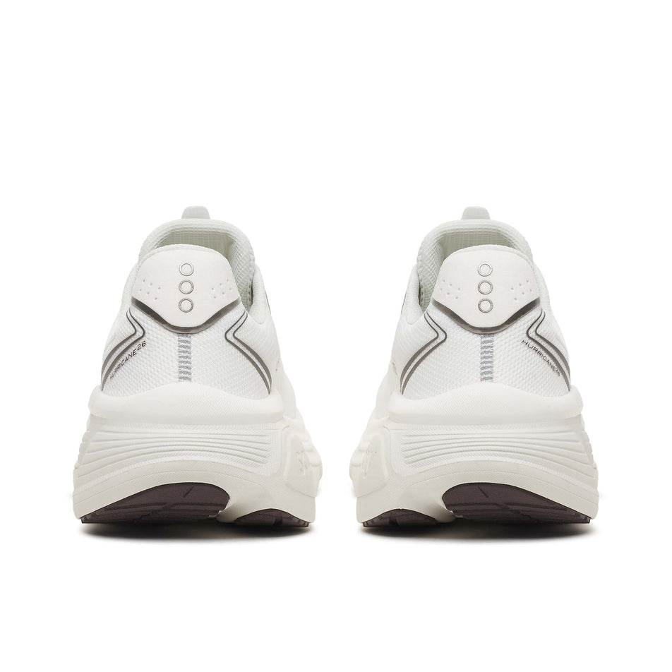 The back of a pair of Saucony Men's Hurricane 26 Running Shoes in the White/Quartz colourway.