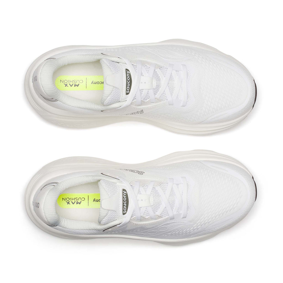 The uppers of a pair of Saucony Men's Hurricane 26 Running Shoes in the White/Quartz colourway.