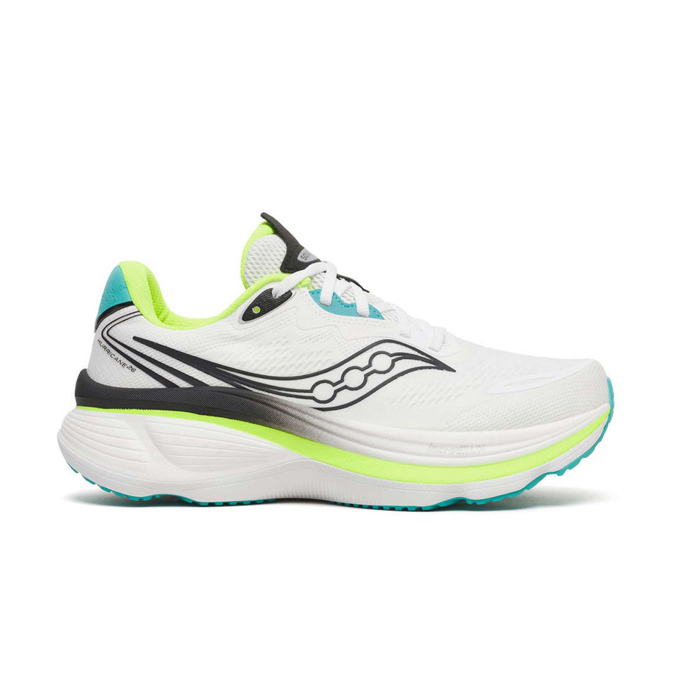 Lateral view of the right shoe from a pair of Saucony Men's Hurricane 26 Running Shoes in the White/Citron colourway.