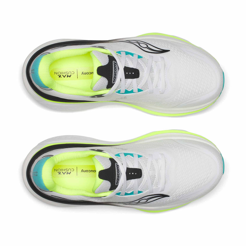 The uppers of a pair of Saucony Men's Hurricane 26 Running Shoes in the White/Citron colourway.