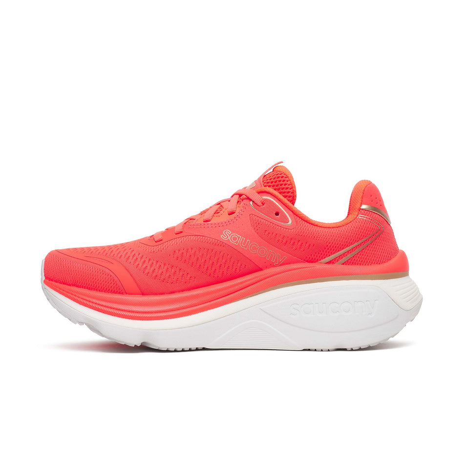Medial view of the right shoe from a pair of Saucony Women's Hurricane 26 Running Shoes in the Vizired colourway.