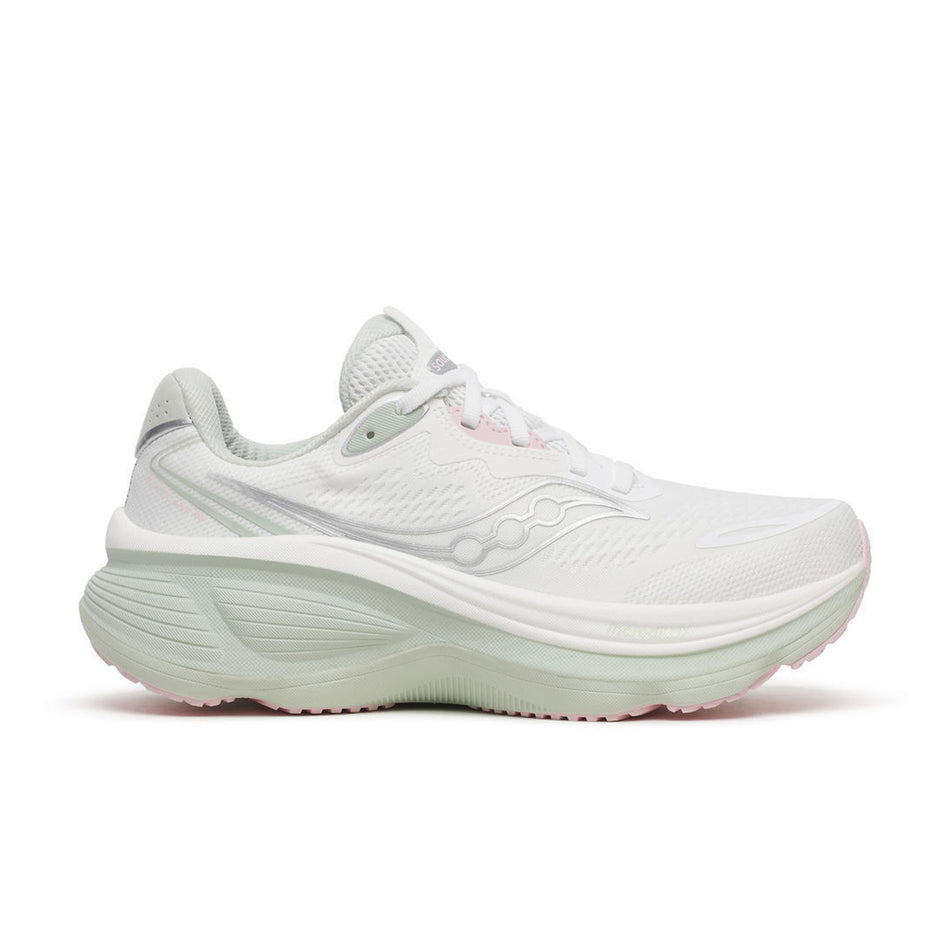 Lateral view of the right shoe from a pair of Saucony Women's Hurricane 26 Running Shoes in the White/Cast colourway.