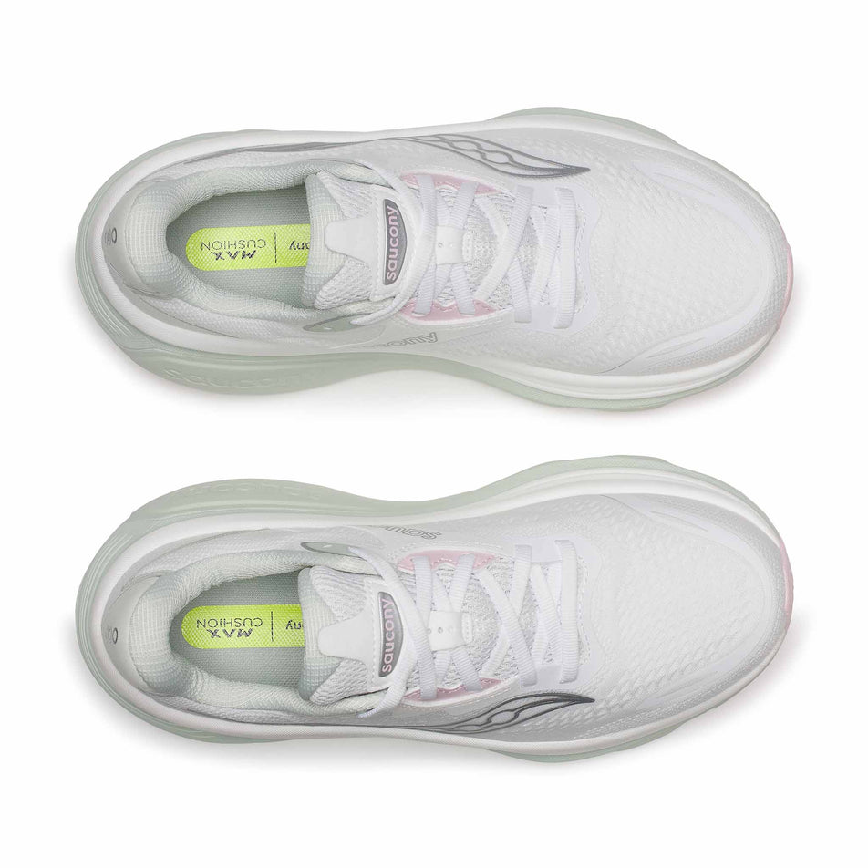 The uppers of a pair of Saucony Women's Hurricane 26 Running Shoes in the White/Cast colourway.