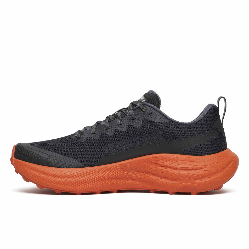 Medial view of the right shoe from a pair of Saucony Men's Ride TR3 Running Shoes in the Black/Rust colourway.