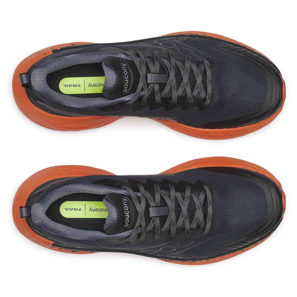 The uppers of a pair of Saucony Men's Ride TR3 Running Shoes in the Black/Rust colourway.