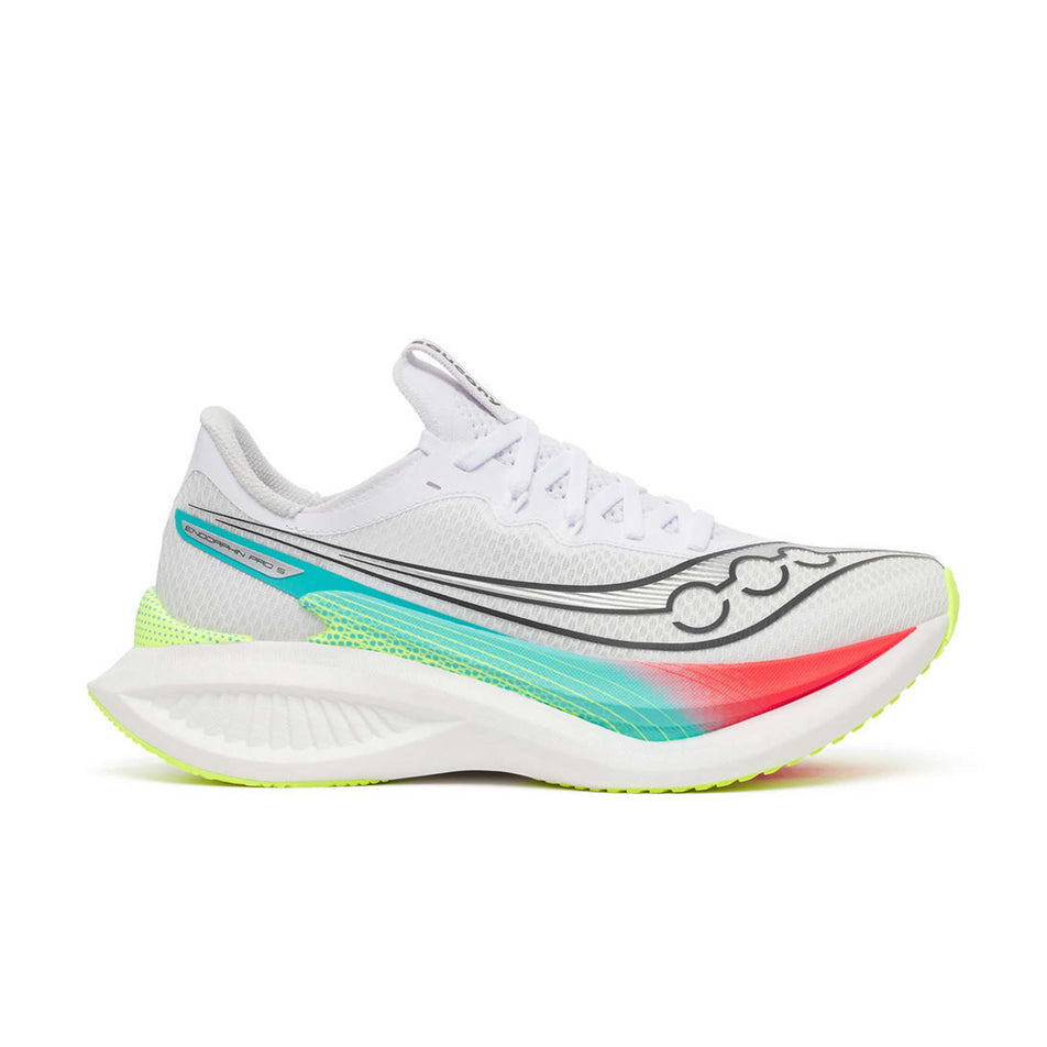 Lateral view of the right shoe from a pair of Saucony Women's Endorphin Pro 5 Running Shoes in the White/Multi colourway.