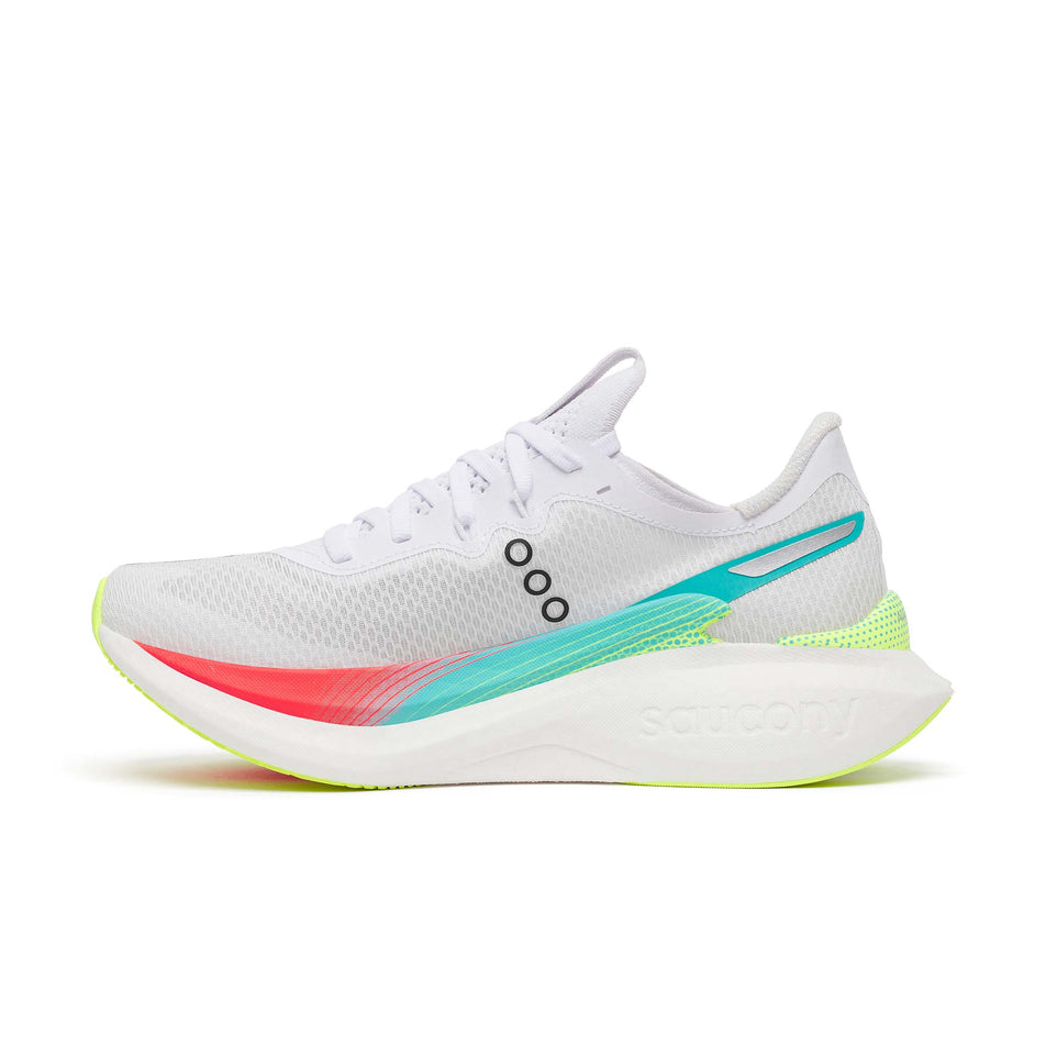 Medial view of the right shoe from a pair of Saucony Women's Endorphin Pro 5 Running Shoes in the White/Multi colourway.