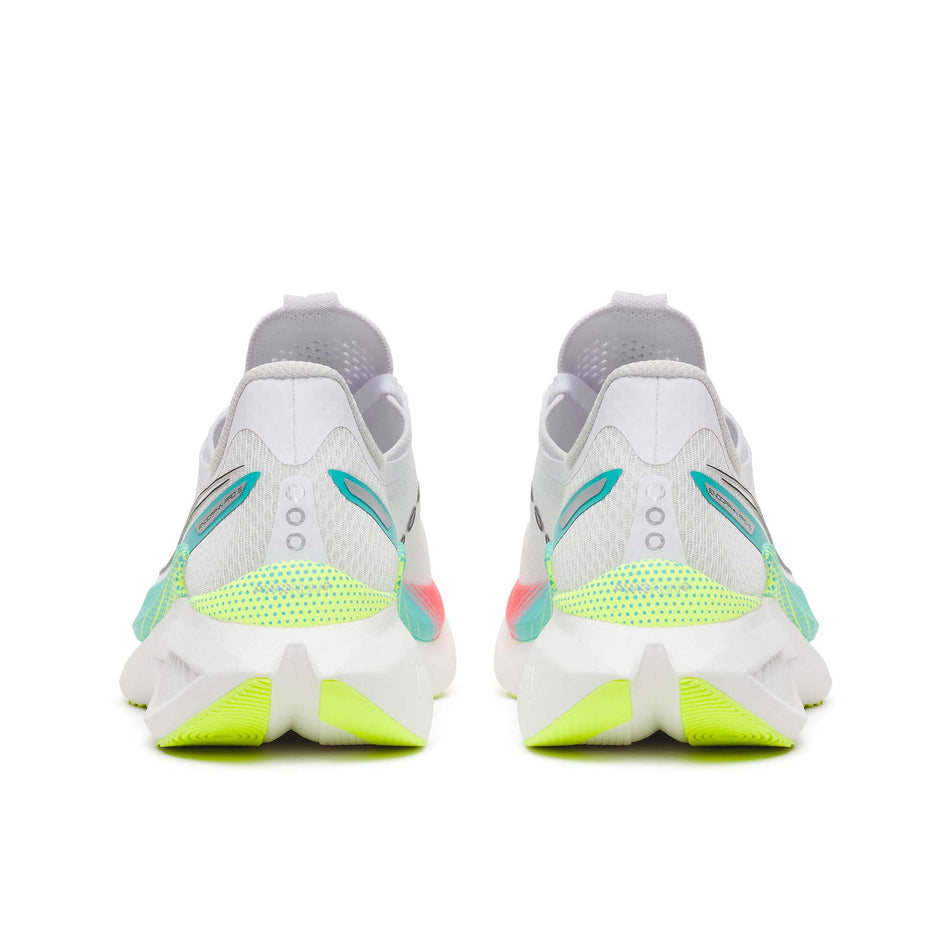 The back of a pair of Saucony Women's Endorphin Pro 5 Running Shoes in the White/Multi colourway.