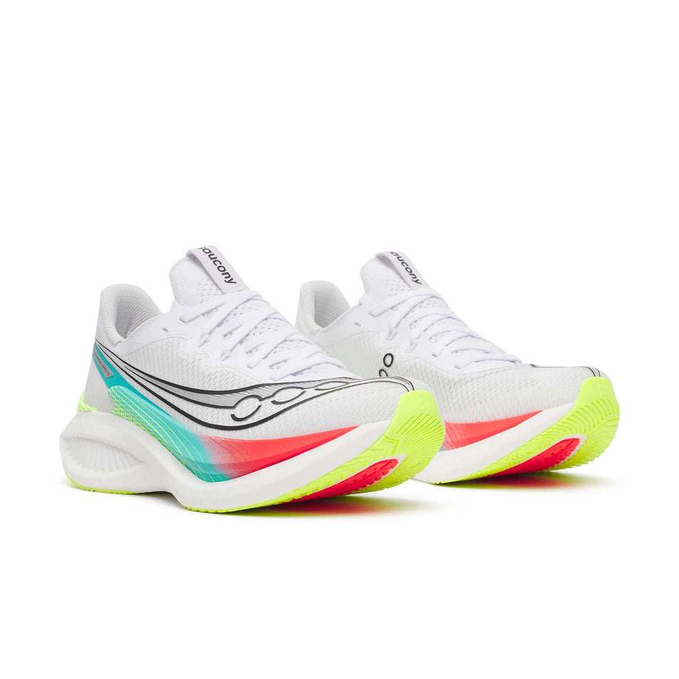 A pair of Saucony Women's Endorphin Pro 5 Running Shoes in the White/Multi colourway.