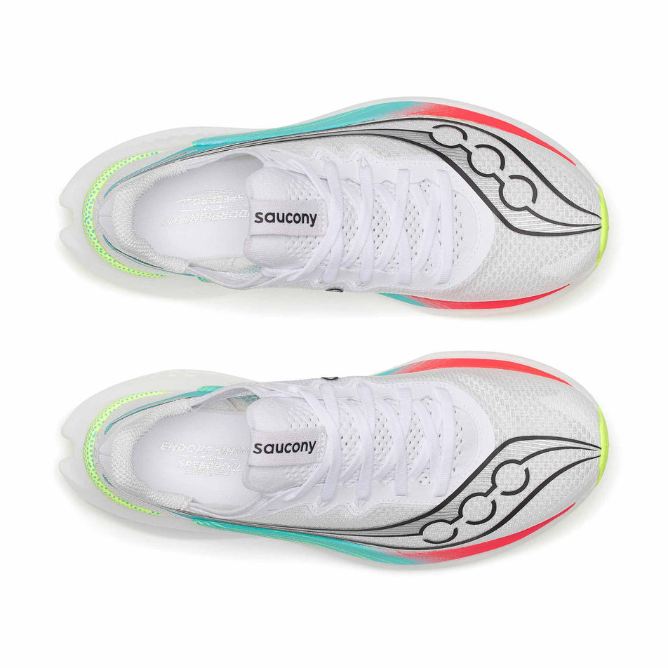 The uppers of a pair of Saucony Women's Endorphin Pro 5 Running Shoes in the White/Multi colourway.