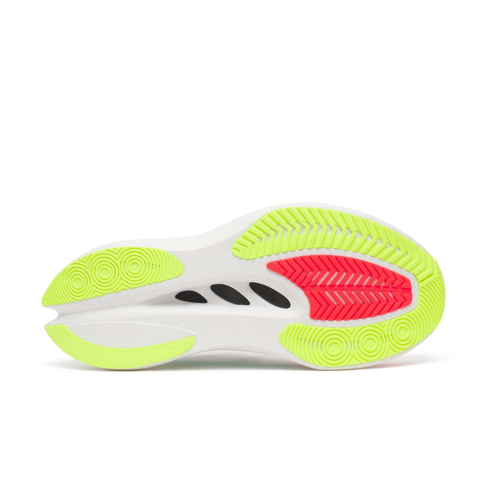 The outsole of the right shoe from a pair of Saucony Women's Endorphin Pro 5 Running Shoes in the White/Multi colourway.