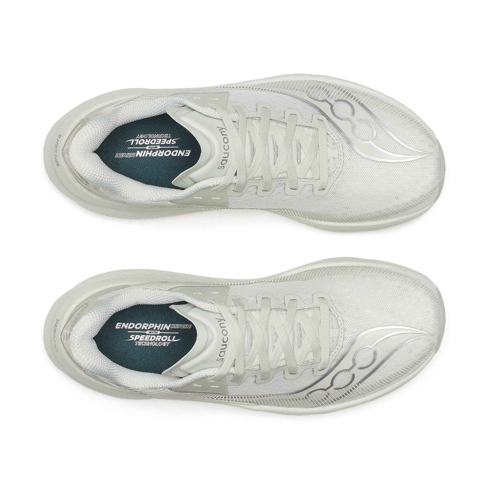 The uppers of a pair of Saucony Women's Endorphin Azura Running Shoes in the Cast colourway.