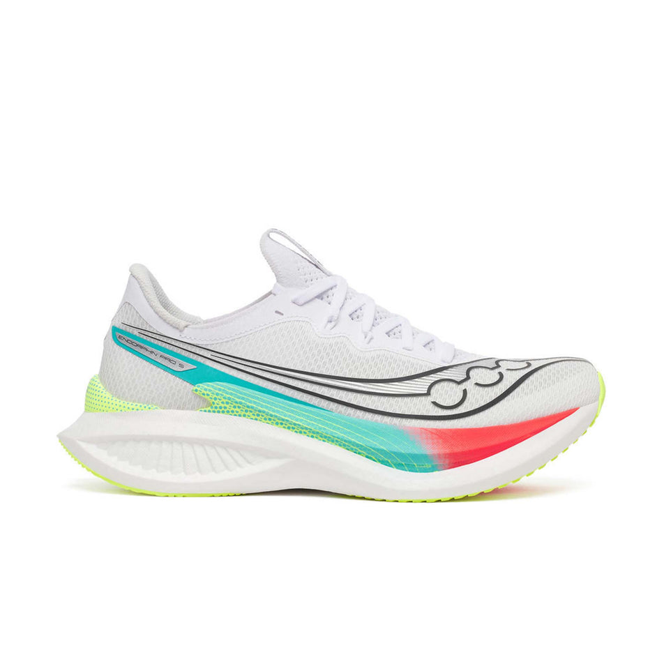 Lateral view of the right shoe from a pair of Saucony Men's Endorphin Pro 5 Running Shoes in the White/Multi colourway.