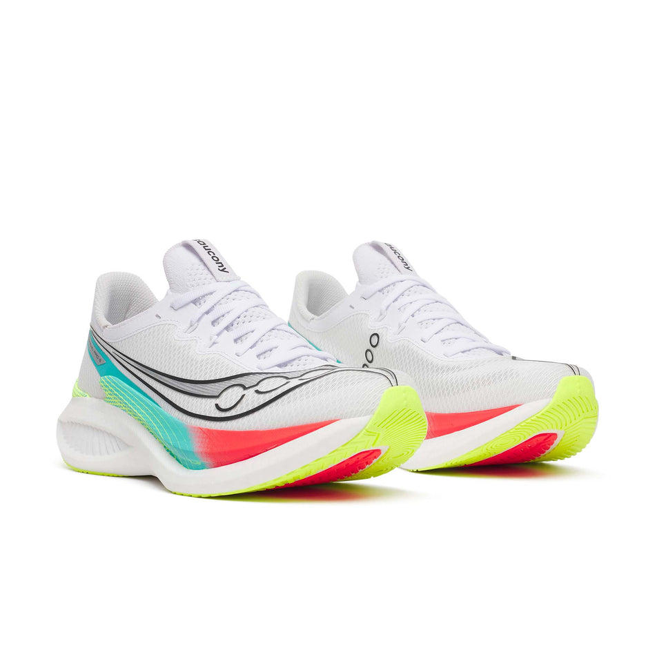 A pair of Saucony Men's Endorphin Pro 5 Running Shoes in the White/Multi colourway.