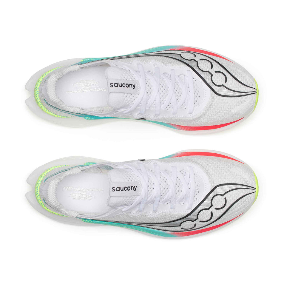 The uppers of a pair of Saucony Men's Endorphin Pro 5 Running Shoes in the White/Multi colourway.