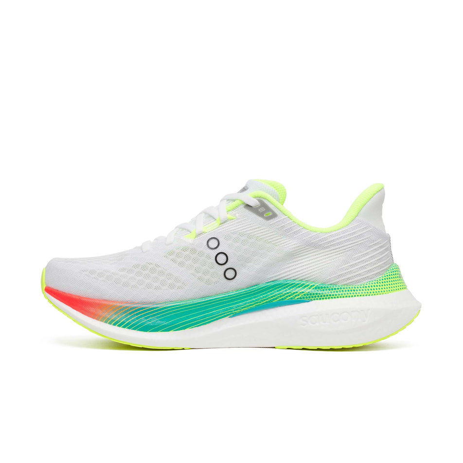 Medial view of the right shoe from a pair of Saucony Men's Endorphin Speed 5 Running Shoes in the White/Multi colourway.