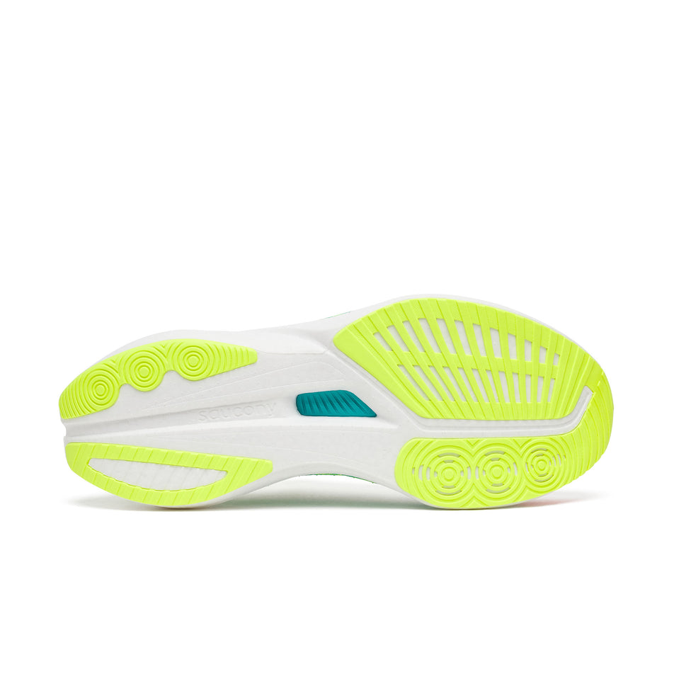 The outsole of the right shoe from a pair of Saucony Men's Endorphin Speed 5 Running Shoes in the White/Multi colourway.
