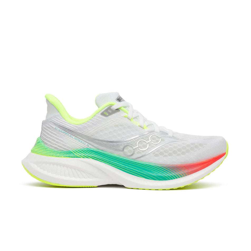 Lateral view of the right shoe from a pair of Saucony Women's Endorphin Speed 5 Running Shoes in the White/Multi colourway.