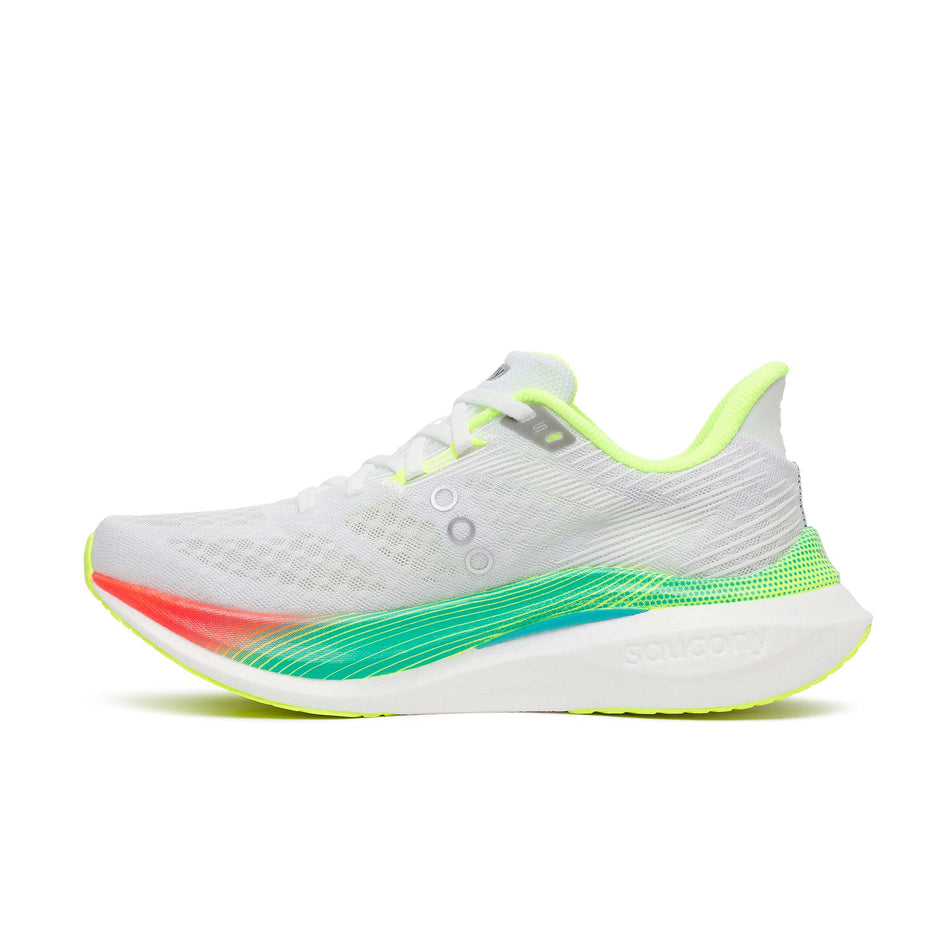 Medialview of the right shoe from a pair of Saucony Women's Endorphin Speed 5 Running Shoes in the White/Multi colourway.