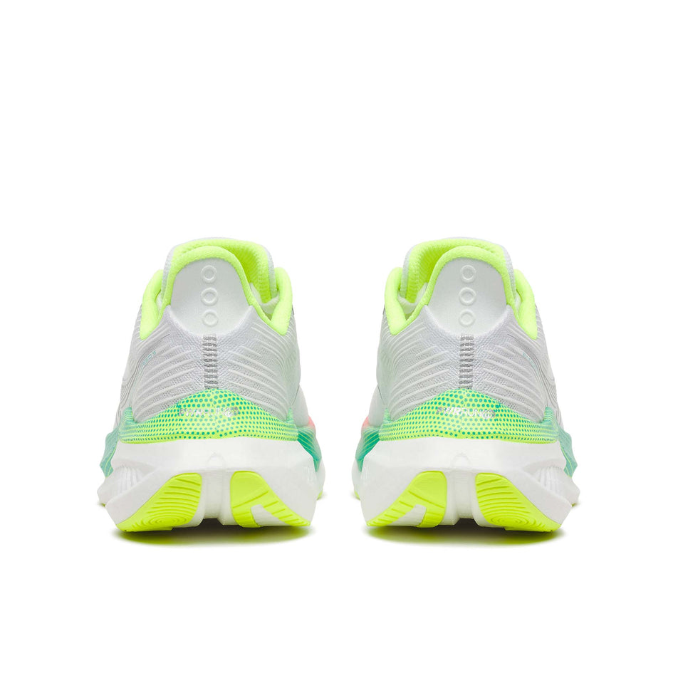 The back of a pair of Saucony Women's Endorphin Speed 5 Running Shoes in the White/Multi colourway.