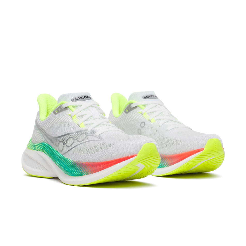 A pair of Saucony Women's Endorphin Speed 5 Running Shoes in the White/Multi colourway.