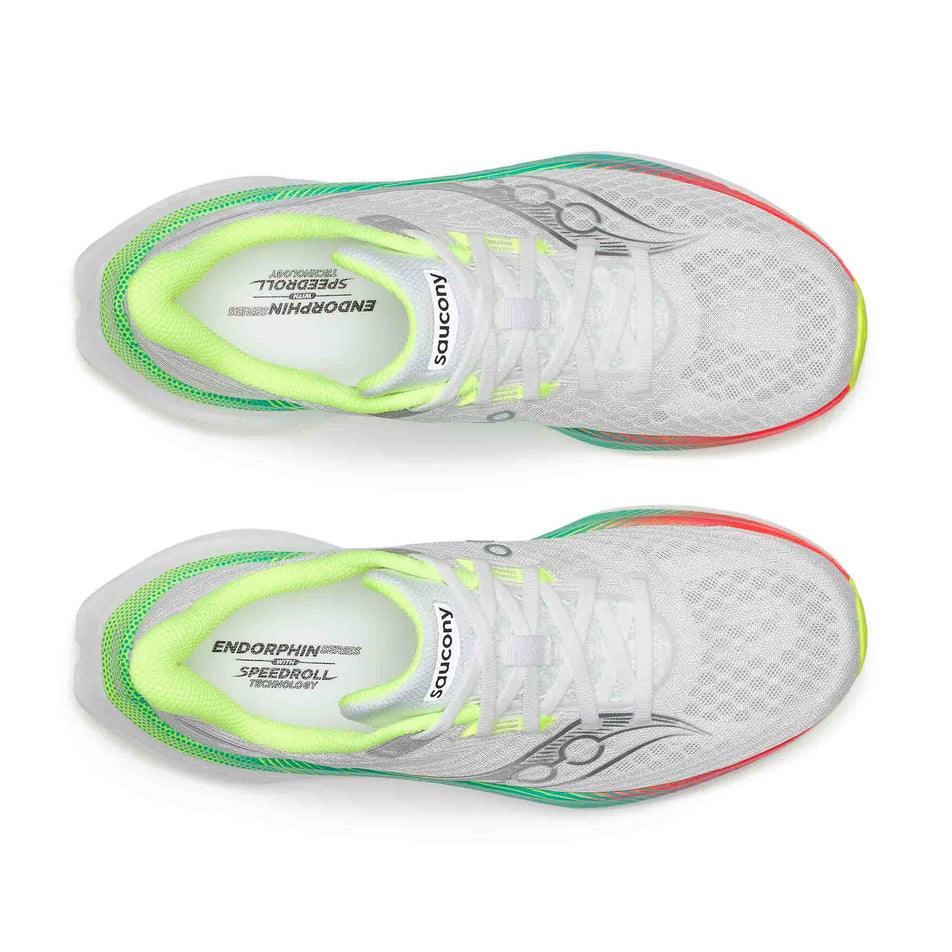 The uppers of a pair of Saucony Women's Endorphin Speed 5 Running Shoes in the White/Multi colourway.