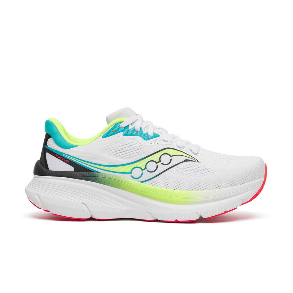 Lateral view of the right shoe from a pair of Saucony Men's Guide 19 Running Shoes in the White/Citron colourway.