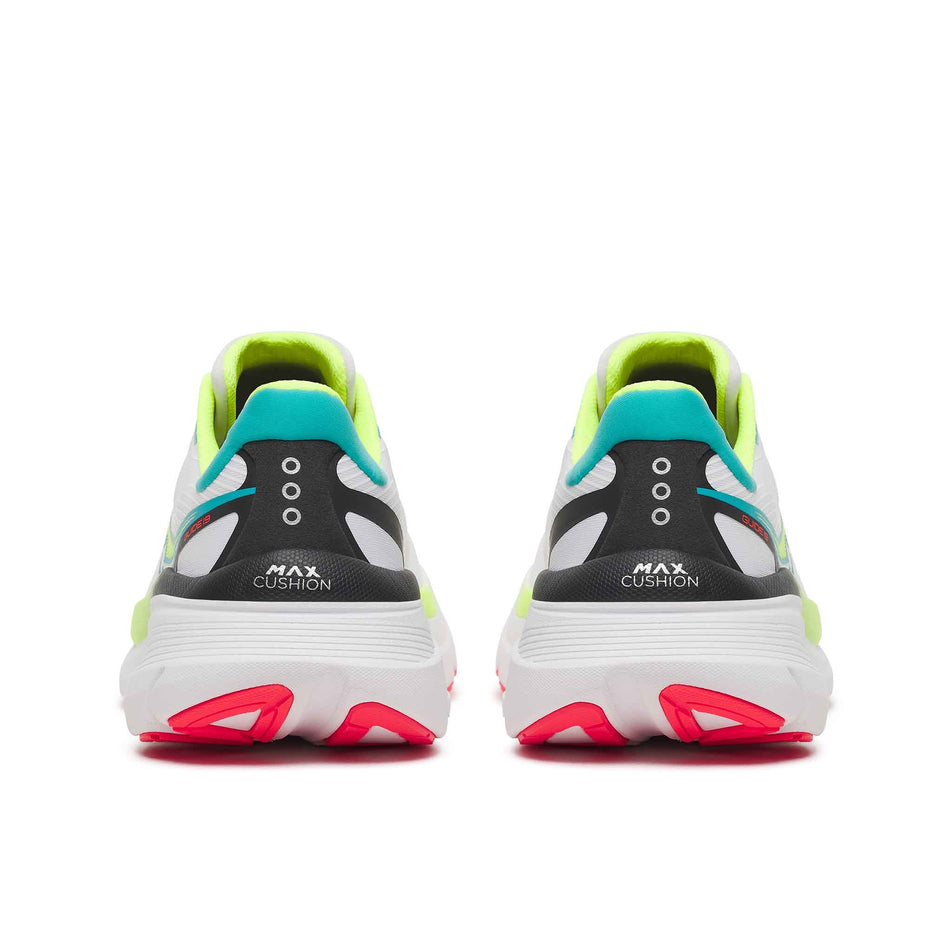 The back of a pair of Saucony Men's Guide 19 Running Shoes in the White/Citron colourway.