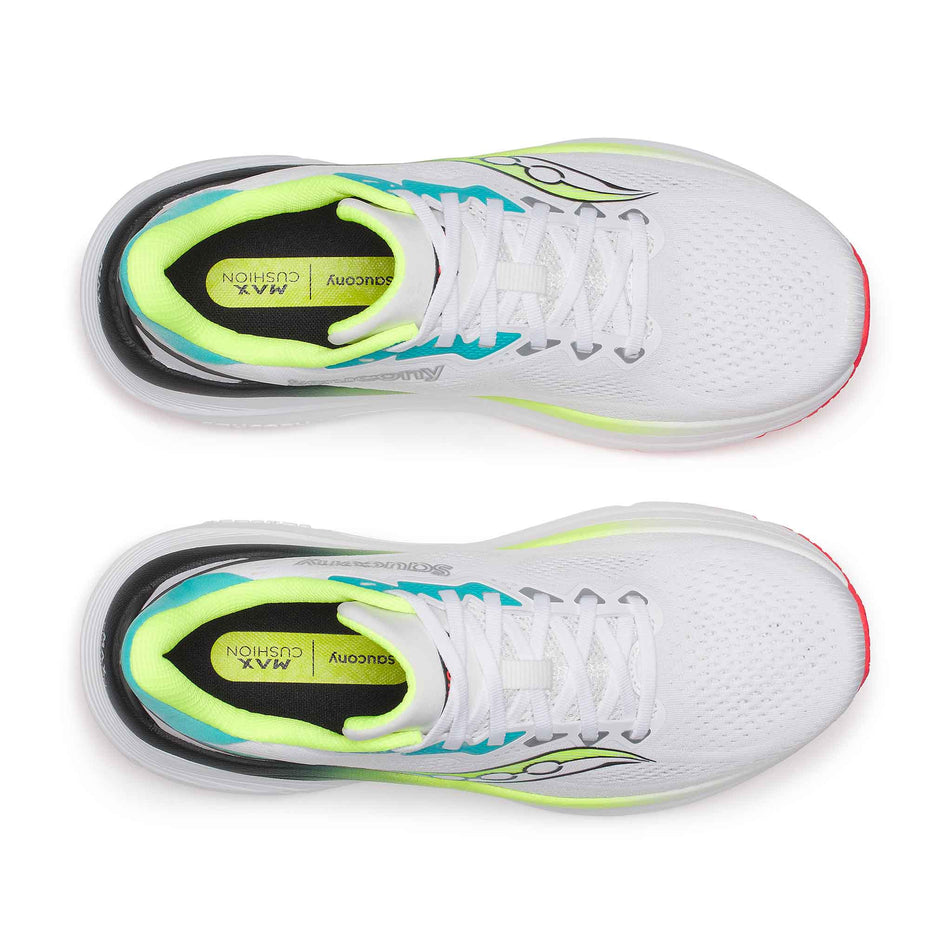 The uppers of a pair of Saucony Men's Guide 19 Running Shoes in the White/Citron colourway.