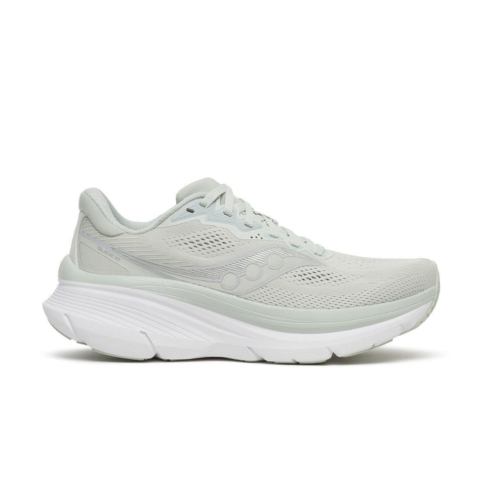 Lateral view of the right shoe from a pair of Saucony Women's Guide 19 Running Shoes in the Cast/Silver colourway.