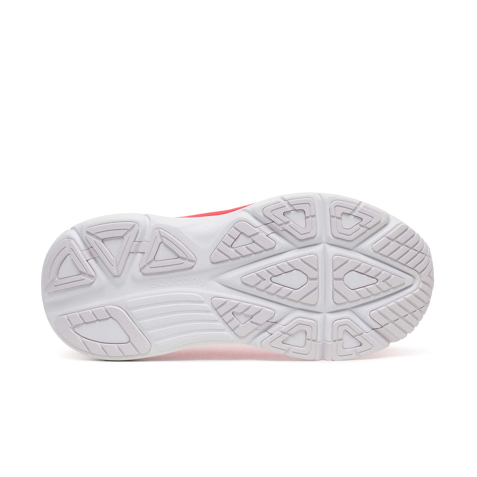 The outsole of the right shoe from a pair of Saucony Women's Guide 19 Running Shoes in the Vizired colourway.