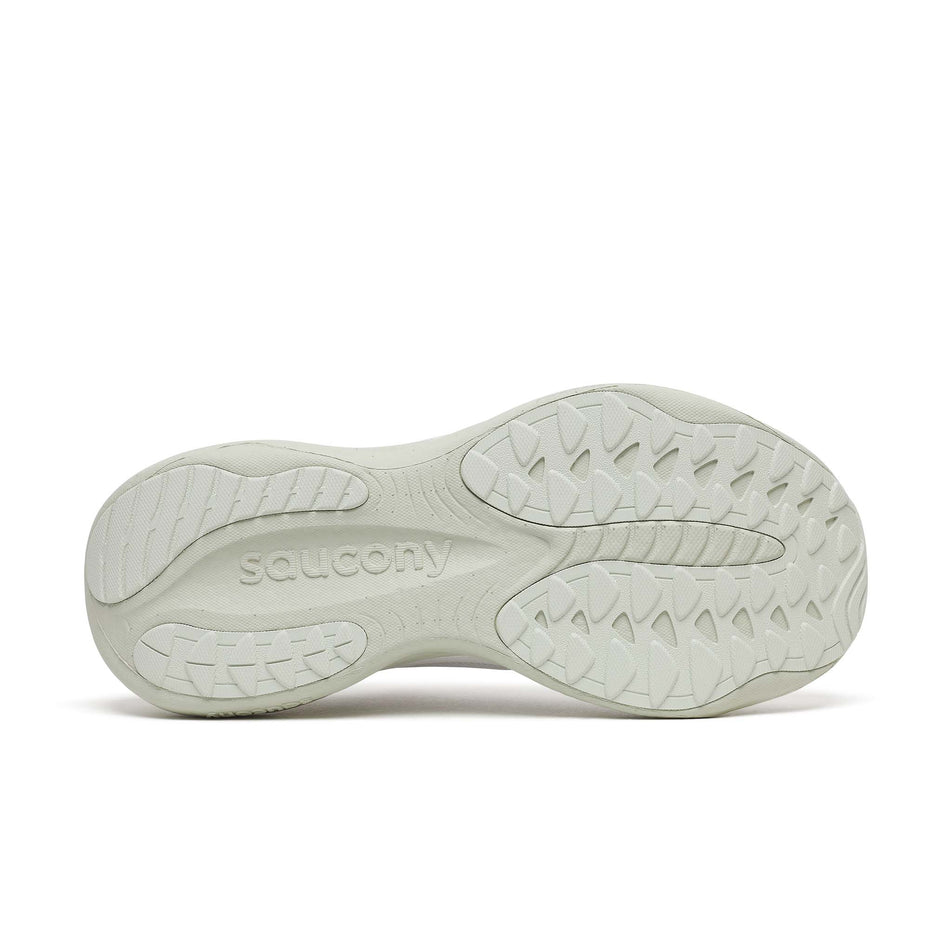 The outsole of the right shoe from a pair of Saucony Women's Ride 19 Running Shoes in the Fog/Cast colourway.