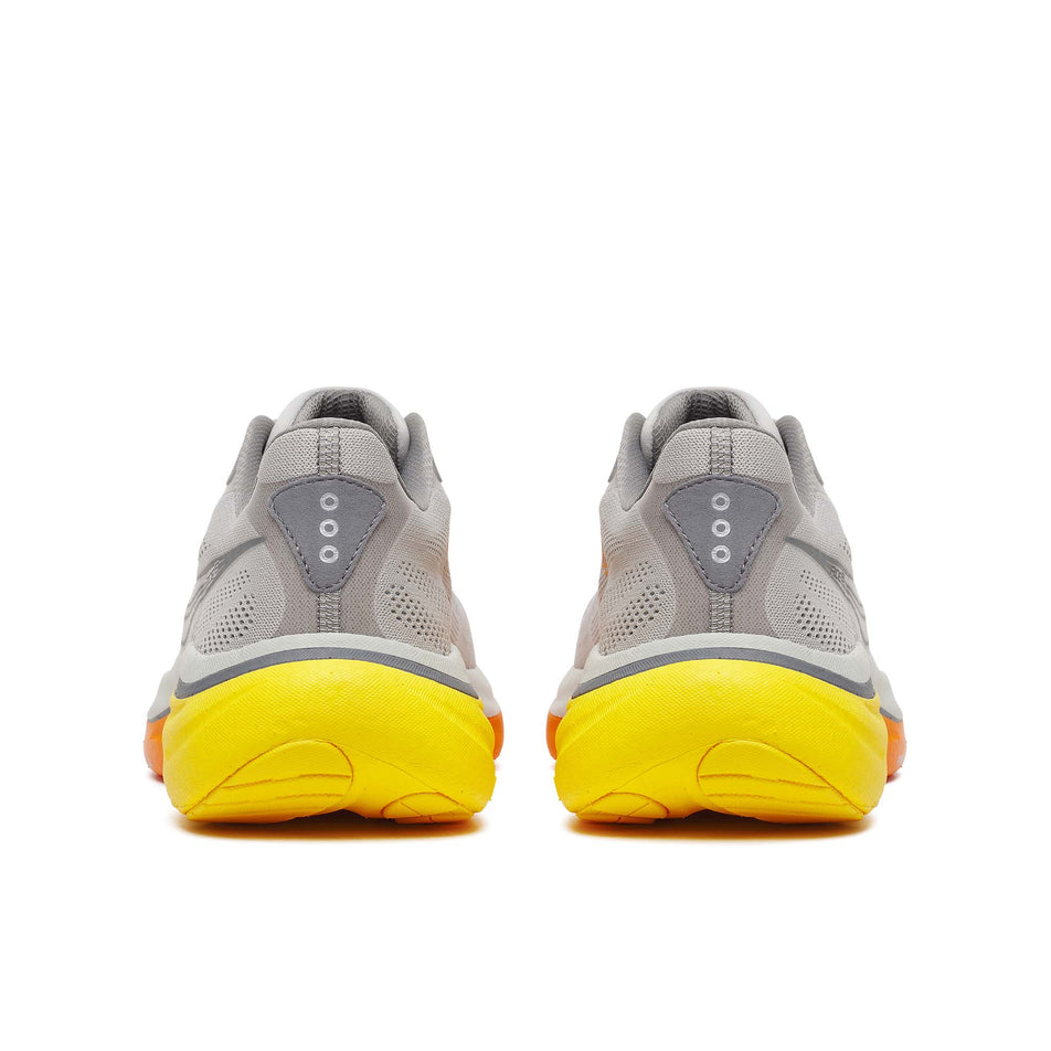 The back of a pair of Saucony Men's Ride 19 Running Shoes in the Cadet/Fuego colourway.