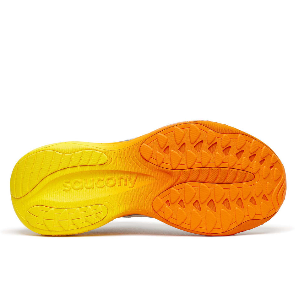 The outsole of the right shoe from a pair of Saucony Men's Ride 19 Running Shoes in the Cadet/Fuego colourway.