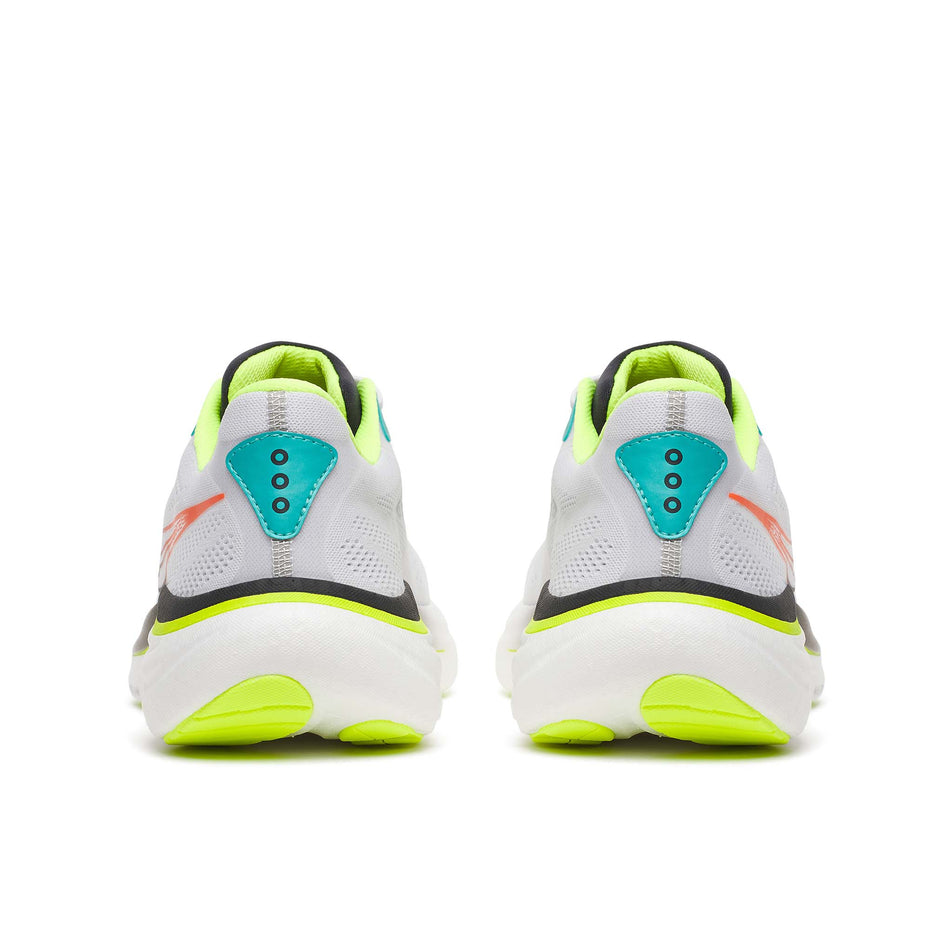 The back of a pair of Saucony Men's Ride 19 Running Shoes in the White/Citron colourway.