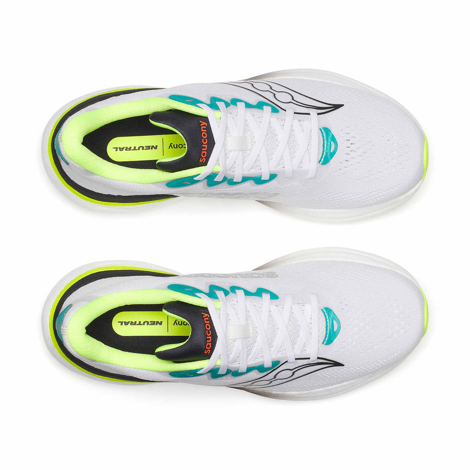 The uppers of a pair of Saucony Men's Ride 19 Running Shoes in the White/Citron colourway.