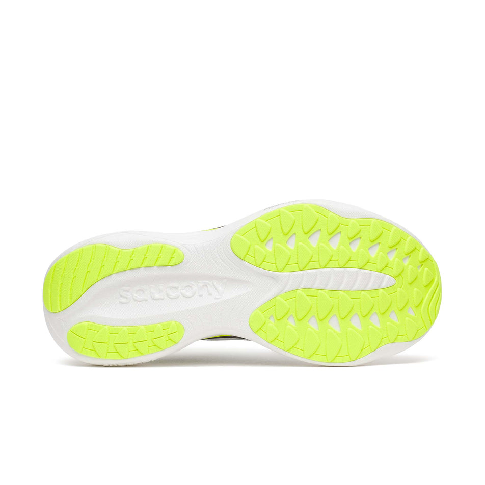 The outsole of the right shoe from a pair of Saucony Men's Ride 19 Running Shoes in the White/Citron colourway.