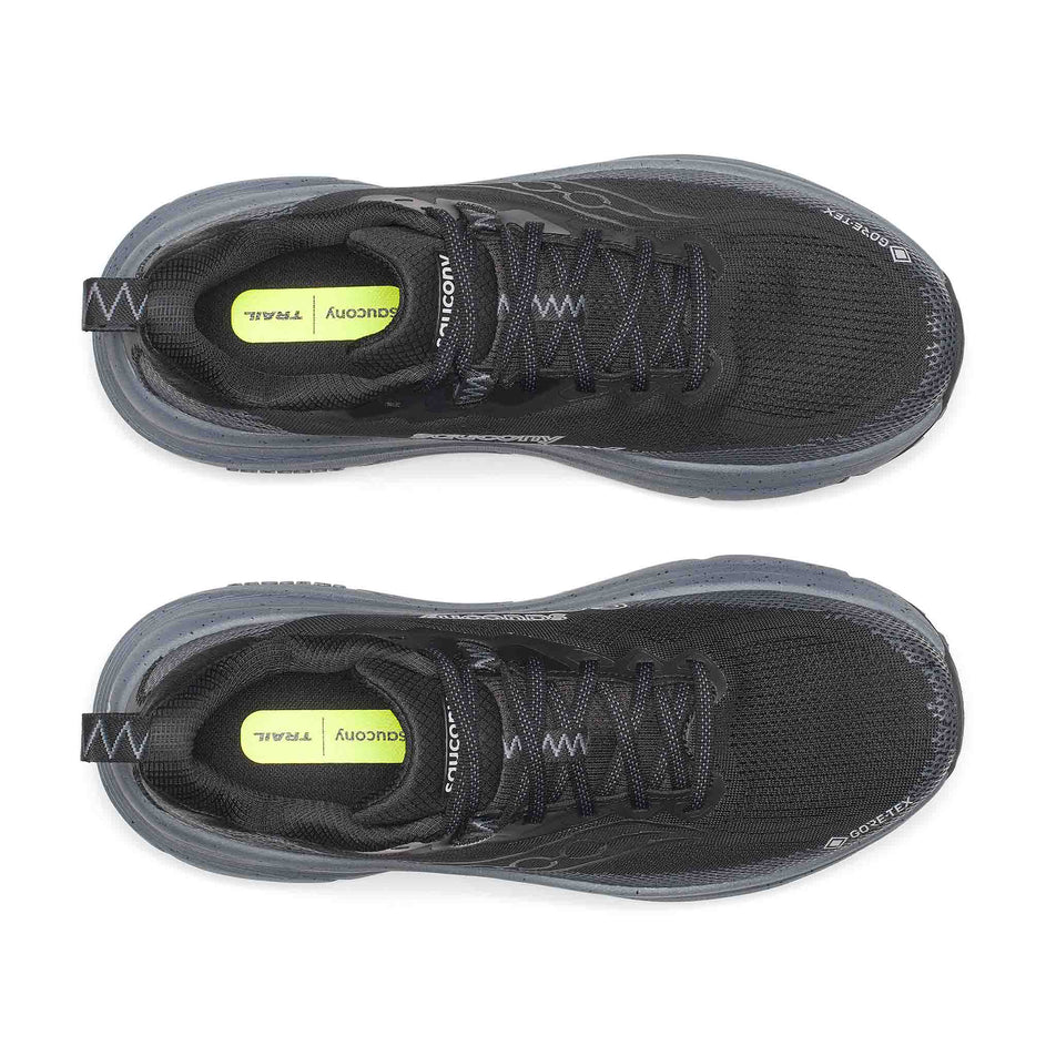 The uppers of a pair of Saucony Men's Guide TR GTX Running Shoes in the Black/Gunmetal colourway.