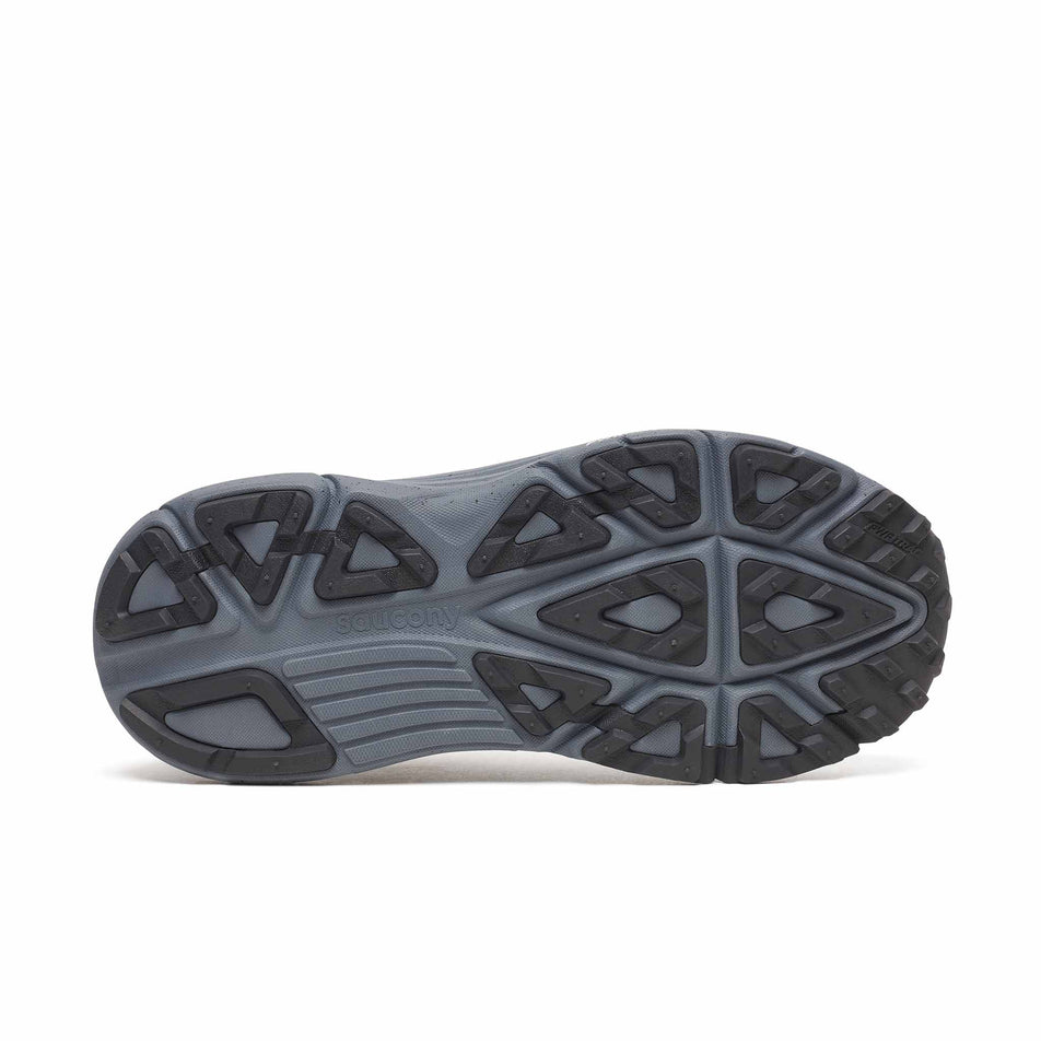The outsole of the right shoe from a pair of Saucony Men's Guide TR GTX Running Shoes in the Black/Gunmetal colourway.