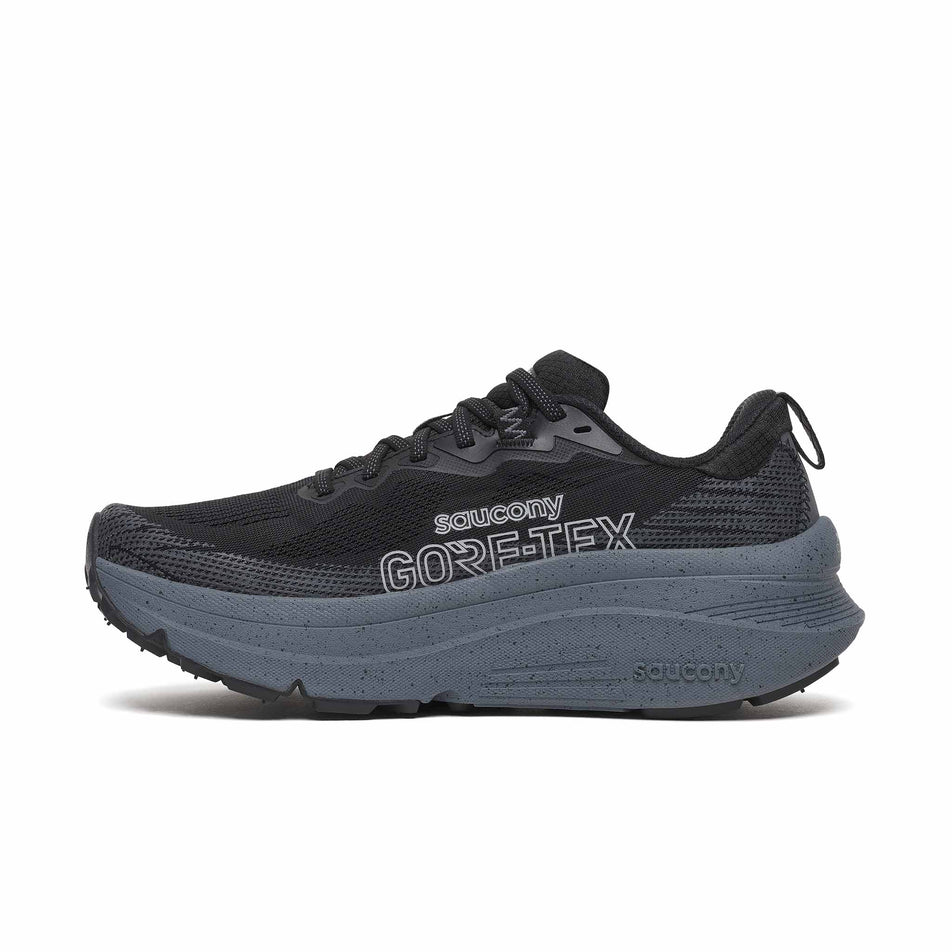 Medial view of the right shoe from a pair of Saucony Women's Guide TR GTX Running Shoes in the Black/Gunmetal colourway.
