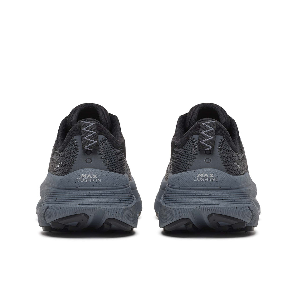The back of a pair of Saucony Women's Guide TR GTX Running Shoes in the Black/Gunmetal colourway.