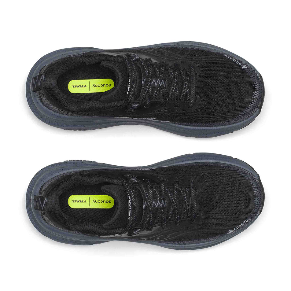 The uppers of a pair of Saucony Women's Guide TR GTX Running Shoes in the Black/Gunmetal colourway.