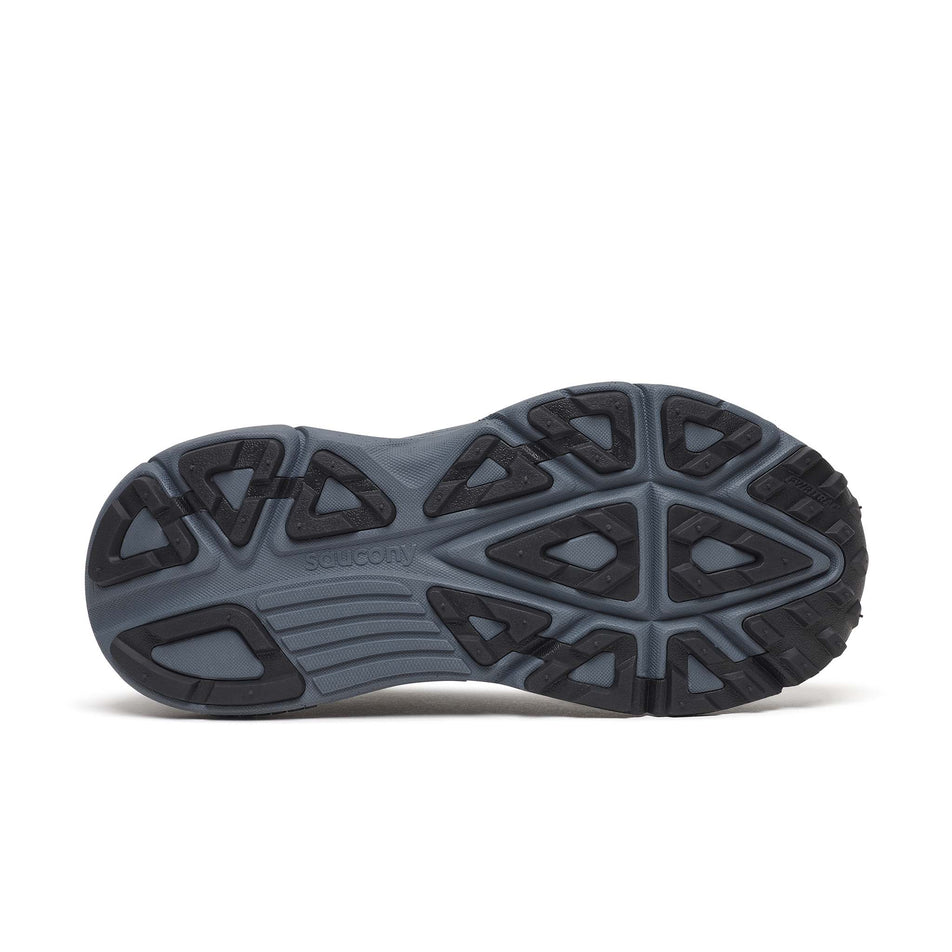 The outsole of the right shoe from a pair of Saucony Women's Guide TR GTX Running Shoes in the Black/Gunmetal colourway.