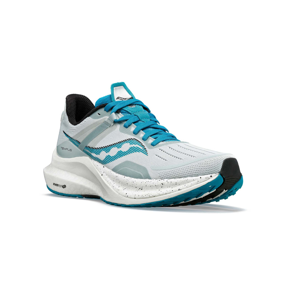 Lateral side of the right shoe from a pair of Saucony Women's Tempus Road Running Shoes in the Glacier/Ink colourway (7996817965218)