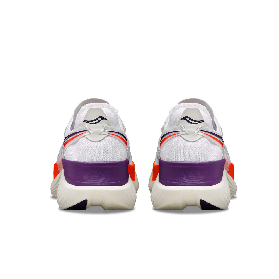 The back of a pair of Saucony Women's Endorphin Elite Running Shoes in the White/Vizired colourway (8192175636642)