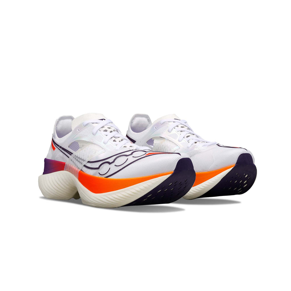 A pair of Saucony Women's Endorphin Elite Running Shoes in the White/Vizired colourway (8192175636642)