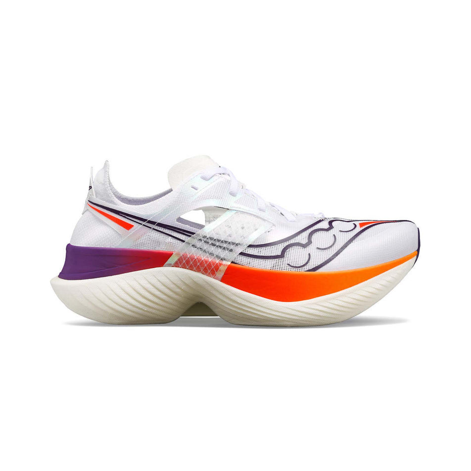 Lateral side of the right shoe from a pair of Saucony Women's Endorphin Elite Running Shoes in the White/Vizired colourway (8192175636642)